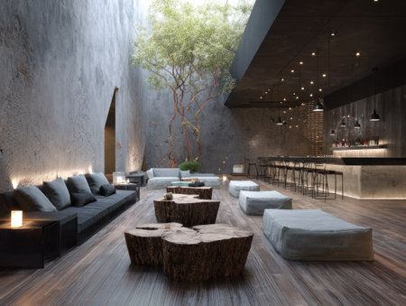 This image showcases a modern interior design featuring a spacious lounge area. It is characterized by concrete walls, wooden floors, and natural lighting. The scene highlights seating arrangements, decorative tables, and a bar area. This image could be utilized for architecture, design, or commercial purposes.の素材