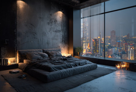 A contemporary bedroom showcases a bed with dark linens, set against a concrete wall. Large windows provide a panoramic view of a city skyline at twilight. Warm lighting emanates from sconces and candles, emphasizing a moody, atmospheric ambiance. This image is suitable for various commercial uses, including interior design and lifestyle themes.の素材