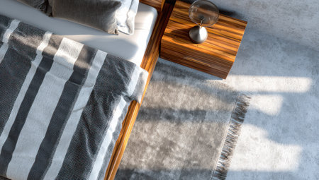 An overhead view reveals a bedroom featuring a bed with striped bedding and a wooden bedside table. The scene is illuminated by sunlight, highlighting the textures of a rug and the tabletop. This image could be suitable for interior design, home decor, or lifestyle related visual content.の素材