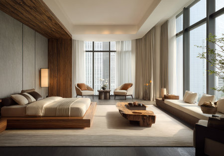 This interior showcases a modern bedroom with large windows, offering abundant natural light. The space features neutral colors, wooden accents, and contemporary furniture. The composition utilizes a wide angle, focusing on the architectural details. Suitable for commercial projects, this image could be utilized for design and lifestyle publications.の素材
