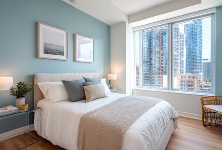 This bedroom features a comfortable bed with pillows and a neutral-toned blanket. The room is painted in soft blue hues with framed artwork and a large window offering a cityscape view. Natural light illuminates the interior creating a bright and inviting space suitable for various editorial and commercial applications.の素材