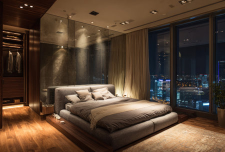 This image showcases a modern bedroom featuring a large, comfortable bed. The room boasts neutral tones, hardwood floors, and a floor-to-ceiling window overlooking a city at night. The lighting creates a warm ambiance. Suitable for various commercial uses, including interior design and lifestyle themes.の素材