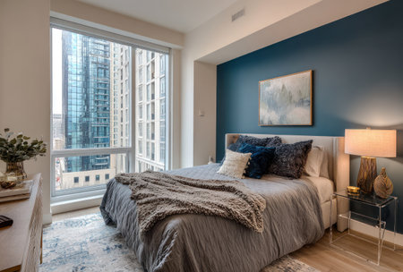 This photograph depicts a contemporary bedroom setting, featuring a bed with pillows and a cozy blanket. The room showcases a large window offering a cityscape panorama. The space is illuminated by warm lighting, highlighting the textures and colors of the furnishings. Suitable for commercial and editorial purposes.の素材