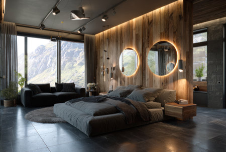 This interior showcases a modern bedroom design, featuring a large bed and a textured wooden accent wall. Circular mirrors with ambient lighting provide a focal point. The scene is illuminated by multiple light sources, creating a warm, inviting atmosphere. This image could be suitable for architectural, lifestyle, and design-related applications.の素材