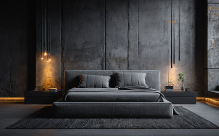 This interior showcases a modern bedroom with a minimalist design. The composition features a bed, bedside tables, and overhead lighting. The color scheme is primarily shades of gray, creating a sophisticated atmosphere. The lighting provides an ambient effect. This image is suitable for various commercial uses.の素材