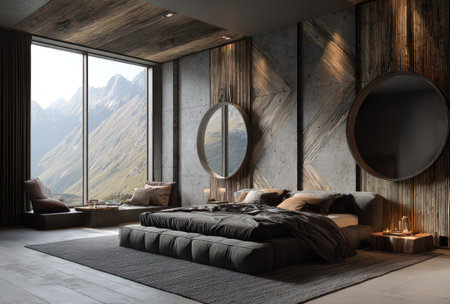 A contemporary bedroom showcases a bed with dark linens, accompanied by round mirrors and wood paneling. The composition highlights a large window offering a view of a mountain landscape. The warm lighting and textures suggest a cozy environment suitable for various commercial applications.の素材