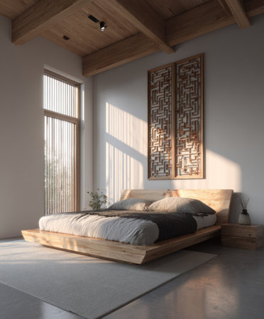 A contemporary bedroom features a wooden bed, elegant decorative panels, and large windows. The scene is bathed in natural sunlight, casting shadows and highlighting textures. The composition creates a serene atmosphere, suitable for interior design projects and editorial content related to home decor and lifestyle.の素材