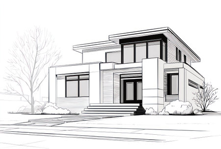 This black and white illustration depicts a modern house design. The composition features clean lines and geometric forms, showcasing a contemporary architectural style. The image presents a detailed drawing, suggesting concepts for construction and design. This visual could be used for architectural presentations or design publications.の素材