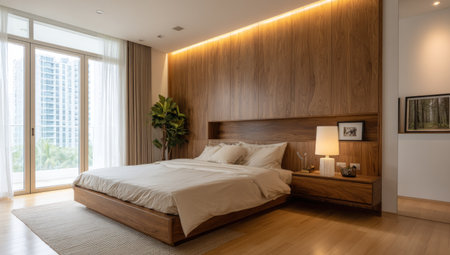 A contemporary bedroom showcases a wooden bed and headboard against a warm-toned wall. Natural light streams through a large window, illuminating the room and highlighting the textures of the bed linens and wooden surfaces. This interior scene is suitable for use in architectural, lifestyle, and design-related projects.の素材