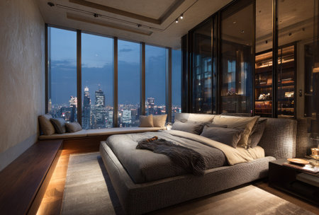 This image showcases a modern bedroom with a large window offering a nighttime cityscape view. The room features a bed with soft bedding, neutral color tones, and a wood accent. The composition is a wide shot with ambient lighting, suggesting a sophisticated and relaxing environment suitable for various commercial uses.の素材