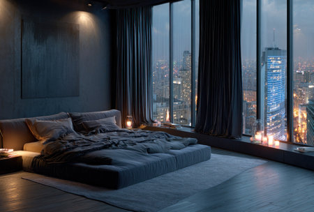 This image showcases a modern bedroom with a large window offering a nighttime cityscape view. The scene features a bed, dark curtains, and subtle lighting. The overall design suggests a contemporary interior, potentially suitable for editorial content, interior design publications, or commercial projects related to real estate or lifestyle.の素材
