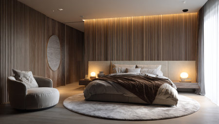This image showcases a modern bedroom with a focus on neutral tones and elegant design. The scene includes a large bed, an armchair, and ambient lighting, highlighting the textures of wood and fabrics. It presents a comfortable and inviting atmosphere, suitable for various editorial and commercial applications related to interior design.の素材