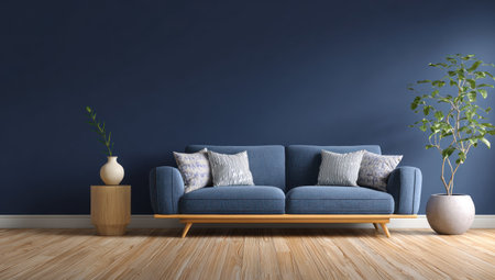 A stylish blue sofa with decorative pillows is placed against a deep blue wall. Accompanying elements include a wooden side table with a vase and a potted plant. The interior features wooden flooring and diffused lighting, suggesting a comfortable living area, suitable for various design and lifestyle publications.の素材