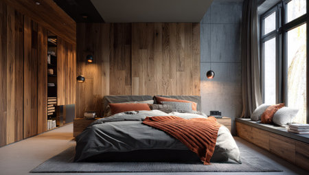 A contemporary bedroom showcases a large bed with neutral bedding and an orange throw. Wooden paneling covers the walls creating a warm, inviting space. Natural light streams through a large window. This image is suitable for architectural, lifestyle, and home decor projects, and for commercial applications.の素材