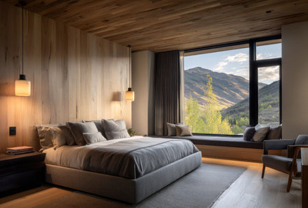 This interior photograph depicts a bedroom with a large window overlooking a mountain landscape. The room features a bed, neutral tones, and wooden accents. The composition showcases natural light and a sense of calm. Suitable for lifestyle, design, or architectural publications and commercial projects.の素材