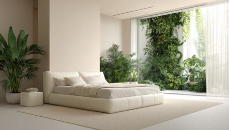 A spacious bedroom features a neutral color palette with a minimalist design. Natural light floods the room from large windows, highlighting lush greenery outside. The composition presents a clean aesthetic with a focus on simplicity and tranquility, suitable for various commercial applications.の素材