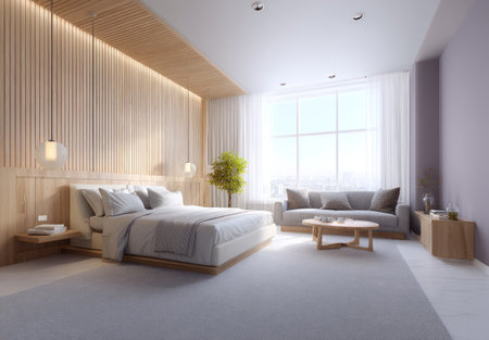 This interior showcases a bedroom with a bed, sofa, and side table. The scene is illuminated by natural light from a large window. The space utilizes neutral tones and wood paneling, suggesting a relaxing atmosphere. Suitable for use in design publications, advertising materials, and website content.の素材