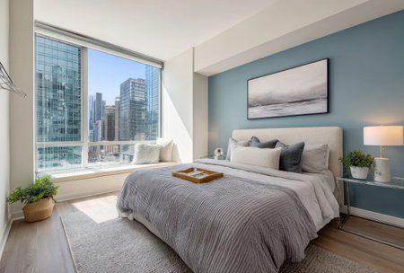 A well-lit bedroom showcases a comfortable bed and a large window overlooking a cityscape. The composition features a blue accent wall and neutral tones in the bedding, complemented by natural sunlight. Suitable for interior design, real estate, or lifestyle content.の素材