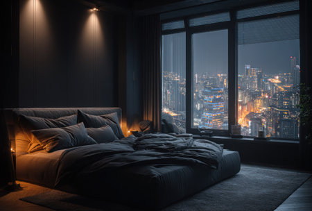 A dark, modern bedroom interior is depicted, featuring a large bed and a panoramic window overlooking a cityscape at night. The scene is illuminated by warm, artificial lighting. This digitally rendered image could be suitable for architectural, design, or lifestyle publications.の素材