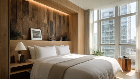 This interior showcases a bedroom with a focus on natural materials. A wooden accent wall provides texture and warmth, complemented by soft bedding and a neutral color palette. Large windows let in ample daylight, illuminating the space. Suitable for various editorial and commercial projects.の素材