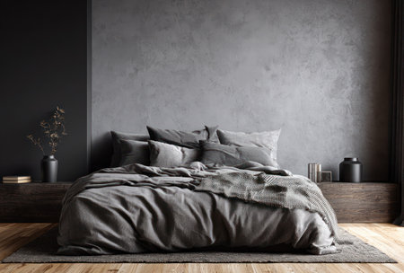 This image showcases a contemporary bedroom scene, featuring a bed adorned with gray bedding. The composition highlights minimalist decor, with a dark wall providing a contrasting backdrop. The scene may be used for interior design presentations, lifestyle articles, or commercial marketing materials. The lighting is soft and even, creating a calm atmosphere.の素材