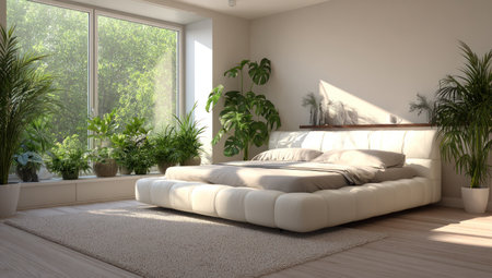 This image presents a modern bedroom design, showcasing a bed with neutral-toned bedding. Natural light streams through a large window, illuminating lush green plants. The room has a simple yet elegant composition, with a focus on textures and clean lines. Suitable for use in interior design publications and lifestyle content.の素材