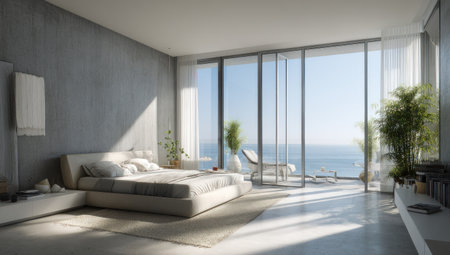 A spacious bedroom featuring a minimalist design, a large bed, and floor-to-ceiling windows. The room is bathed in natural sunlight, with a view of the ocean. Neutral colors and textures create a calm and inviting atmosphere. Suitable for use in architecture, interior design, and lifestyle publications.の素材