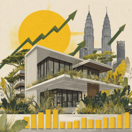 An illustration features a contemporary house with a bright yellow sun and green arrows suggesting growth. The scene incorporates a city skyline in the background. The artwork has a flat, graphic style with vibrant colors, suitable for diverse commercial uses related to real estate and investment.の素材