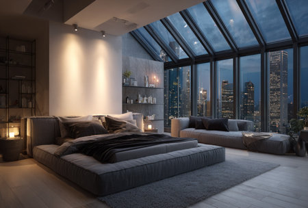 This image showcases a spacious bedroom with a bed, seating area, and large windows revealing a cityscape. The composition features soft lighting and neutral tones of gray and white, creating a serene and luxurious atmosphere. This scene is suitable for use in architectural, interior design, or lifestyle-themed publications.の素材