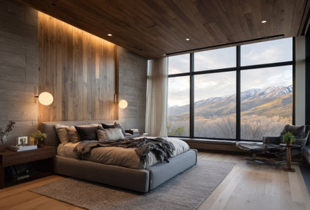This interior photograph features a contemporary bedroom with a large window framing a scenic mountain view. The room showcases a bed, wooden wall paneling, and ambient lighting. The composition highlights textures and materials, possibly suitable for architectural, home decor, or lifestyle related visual content.の素材