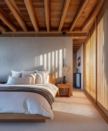 This interior showcases a contemporary bedroom with a minimalist design. The scene features a bed with white linens, natural wood elements, and a neutral color palette. Sunlight streams through a window, casting shadows across the floor and walls. Ideal for illustrating themes of relaxation and home design, it offers potential for various commercial applications.の素材