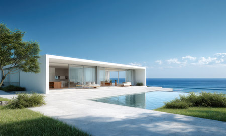 A contemporary home with a white facade and large windows is featured in this image. An infinity pool extends towards the ocean under a clear blue sky. The scene showcases a minimalist architectural style with natural light enhancing the clean lines, suggesting uses for real estate, vacation, or design content.の素材