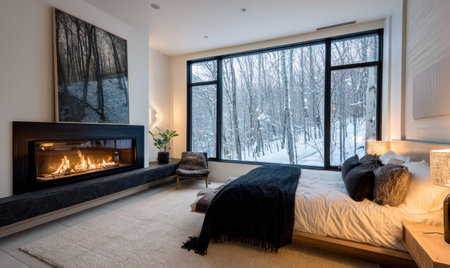 A contemporary bedroom features a cozy fireplace with burning flames and a large window showcasing a winter landscape. The room has neutral tones, a textured carpet, and a comfortable bed. Suitable for interior design, lifestyle, and real estate marketing materials. The natural light and inviting ambiance create a sense of calm.の素材