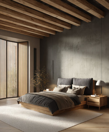 This interior showcases a modern bedroom featuring a wooden bed, accented by pillows and blankets. The room's architecture includes a wooden ceiling and a rug. The warm lighting and neutral color palette create a comfortable ambiance, ideal for various commercial projects and editorial uses.の素材