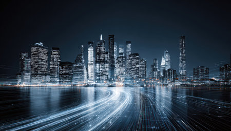 A nighttime cityscape showcases a vibrant skyline of modern architecture. The image displays a long exposure of lights reflecting on the water. The composition highlights a dynamic environment, suitable for depicting urban development and technological progress. This imagery is suitable for various commercial uses.の素材