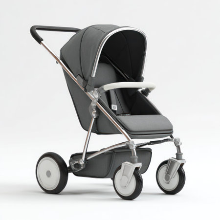 A contemporary stroller, predominantly grey, is presented against a white backdrop. The design showcases a streamlined aesthetic with metallic accents. The lighting is bright and even, highlighting the product's form. This image is suitable for promotional materials, product catalogs, and editorial content related to baby care and parenting.の素材
