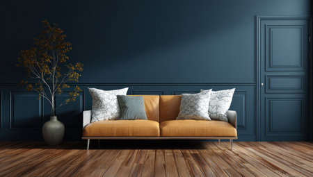 An interior shot features an orange sofa with several decorative pillows set against a deep blue wall. The composition includes a wooden floor, a minimalist plant, and a door. This inviting scene conveys a sense of comfort and elegance, suitable for use in design or lifestyle publications, or for advertising.の素材