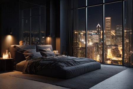 A contemporary bedroom showcases a large bed with soft bedding, situated near a floor-to-ceiling window. The interior features a muted color palette, highlighting dark grays and blacks, contrasted by warm artificial lighting. The composition creates a sense of luxury and serenity, suitable for various design and lifestyle related projects.の素材