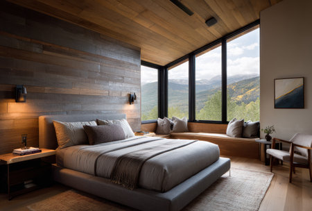 A spacious bedroom features a large bed, cozy seating, and a large window providing expansive views of a mountain range. The room has wooden paneling, creating a warm, inviting atmosphere. This interior design showcases neutral colors and natural light, suitable for residential or lifestyle visual projects.の素材