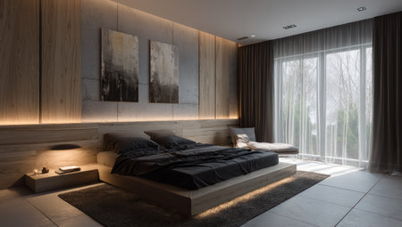 This image showcases a modern bedroom with a minimalist design. The room features wooden paneling, a large bed with dark bedding, and artwork on the wall. Soft lighting complements the neutral color palette, and a large window offers natural light. Suitable for use in interior design publications or commercial projects.の素材