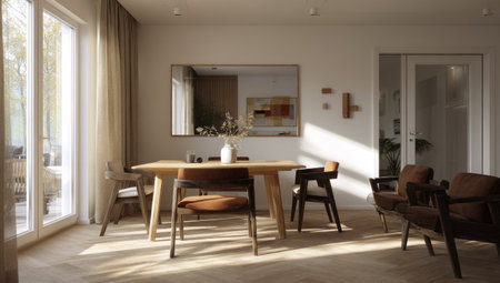 A contemporary dining room scene features a wooden table and chairs, complemented by armchairs. Natural sunlight streams through the window creating a warm atmosphere. This interior composition showcases a modern lifestyle and could be suitable for various commercial projects and editorial content.の素材