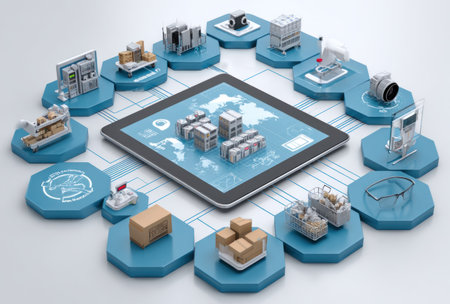 A central tablet surrounded by various miniature objects. The objects are set on polygonal pedestals, suggesting a digital network or ecosystem. The composition features a blue and white color palette, with overhead lighting. Suitable for illustrating technology, data, or interconnected systems. Potential uses for business or informational content.の素材