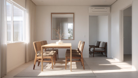 An interior shot features a dining room with a table and chairs set. The scene is bathed in natural light, showcasing neutral color tones and textures. The composition and style suggest a minimalist aesthetic, suitable for use in design, architecture, or lifestyle publications and projects. The image can be used for commercial or editorial purposes.の素材