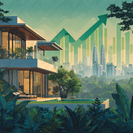 A contemporary residential property is displayed prominently, complemented by a rising arrow symbol suggesting financial growth. The visual features lush greenery, a swimming pool, and a cityscape in the background. The artwork's style evokes a blend of illustration and digital painting, suitable for various editorial and commercial applications. The scene occurs outdoors during daytime.の素材