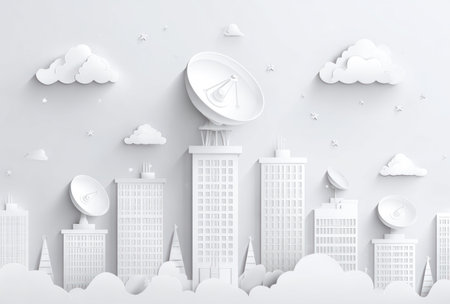 This image presents a stylized cityscape, rendered in a crisp paper cutout aesthetic. The monochromatic palette features white buildings, clouds, and satellite dishes. The composition suggests an overhead view, with soft shadows adding depth. This graphic could be utilized for various commercial purposes and editorial content.の素材