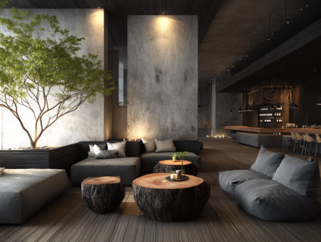 A contemporary interior showcases a living space with a large sofa, natural wooden tables and a tree. The composition includes a concrete wall and dark tone lighting. This interior design could be useful for projects related to design, architecture, or lifestyle content, providing a sense of space.の素材