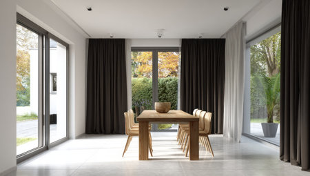 A spacious dining room is featured with a wooden table, chairs and large windows. The interior displays a neutral color palette with dark curtains, natural light, and a glimpse of the outdoor environment. This image could be used for architectural design, interior design, or lifestyle related commercial uses.の素材