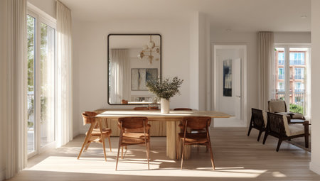 A well-lit interior showcases a dining area with a large wooden table and chairs. The scene includes a mirror, sideboard, and surrounding windows. Soft, natural light fills the space, suggesting a bright daytime setting. Suitable for various commercial applications, emphasizing interior design.の素材