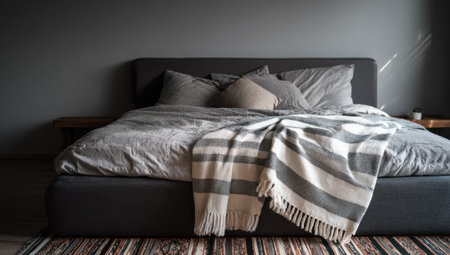 A spacious bedroom features a large bed with gray bedding and a striped blanket. The room is painted in dark tones, and natural light enters from the side. This interior setting could be suitable for lifestyle and home decor projects, and it's well-suited for a variety of media uses.の素材