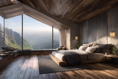 A spacious bedroom features a large window offering a panoramic view of mountains. The interior showcases a wooden ceiling and floor, with a bed, rug, and curtains. Soft lighting enhances the ambiance, suggesting a relaxing retreat ideal for home decor, travel, or lifestyle content.の素材